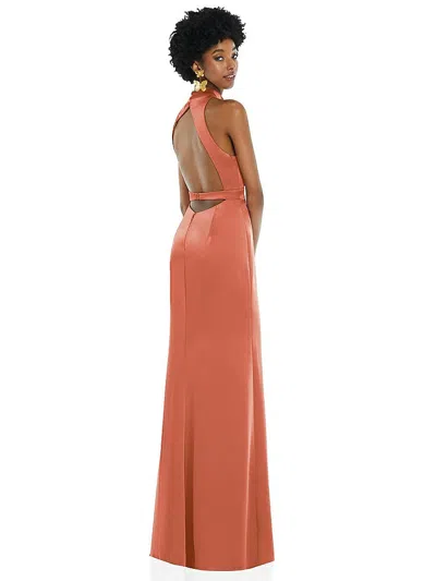 Lovely High Neck Backless Maxi Dress With Slim Belt In Brown