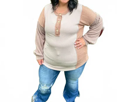Lovely Melody Erin Color Block Long Sleeve Top In Taupe In Brown