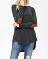 Lovely Melody Kennedy Elbow Patch Hi-low Hem Tunic Top In Black In Black