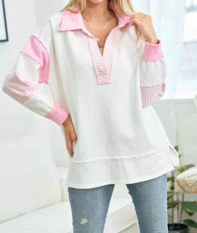 Lovely Melody V- Neck Knit Sweatshirt In White, Pink In Multi