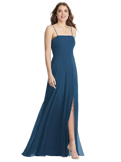 Lovely Square Neck Chiffon Maxi Dress With Front Slit - Elliott In Blue