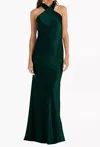 Lovely Twist Halter Lux Charmeuse Maxi Dress In Evergreen In Green