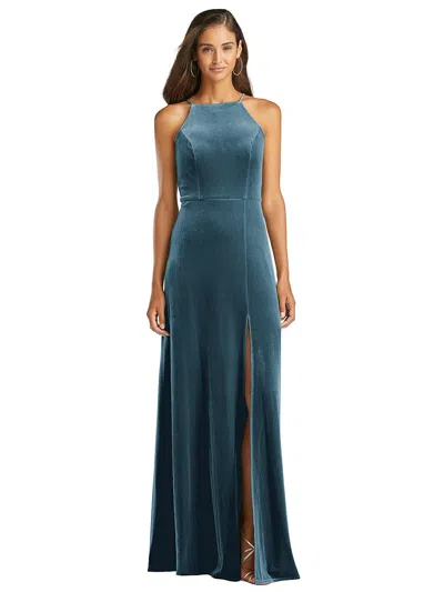 Lovely Velvet Halter Maxi Dress With Front Slit In Blue