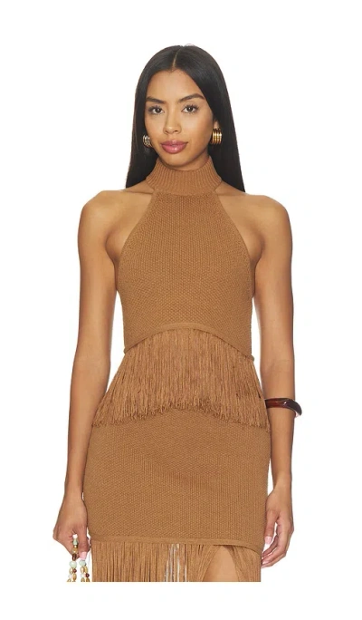 Lovers & Friends Chrissa Halter Fringe Crop Top In Brown