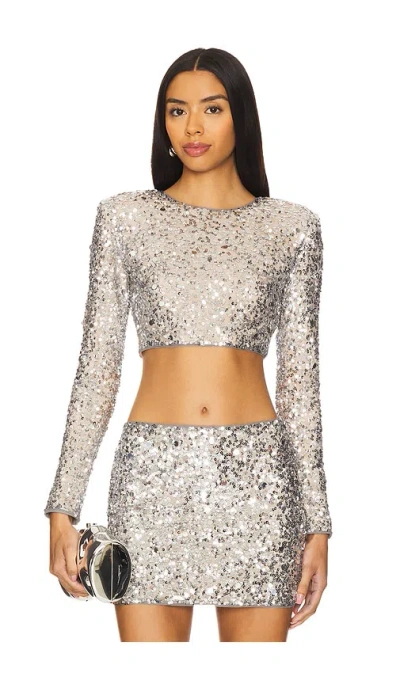 Lovers & Friends Crystal Sequin Cropped Top In Disco Silver