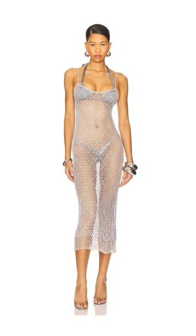Lovers & Friends Katja Beaded Crochet Midi Dress In Gray