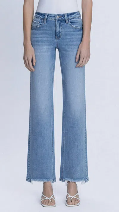 Lovervet Mid Rise Full Length Distressed Hem Slim Wide Leg Jeans In Medium Wash In Blue