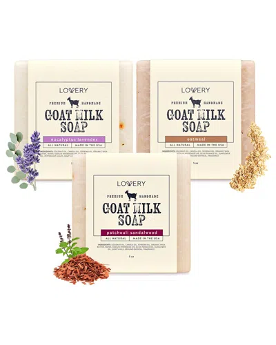 Lovery 3-pack Handmade Goat Milk Soap Bars: Oatmeal, Eucalyptus Lavender, & Patchouli Sandalwood In White