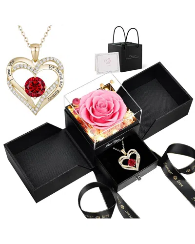 Lovery 5pc Preserved Pink Rose With Led Lights Double Heart Necklace Gift Set In Black