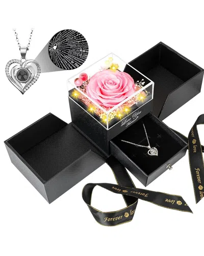 Lovery 5pc Preserved Pink Rose With Led Lights Heart Necklace Gift Set In Black