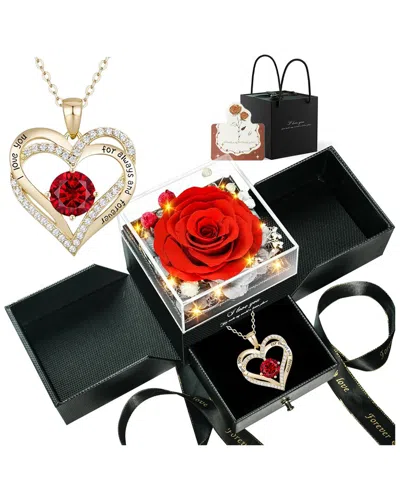 Lovery 5pc Preserved Red Rose With Led Lights Double Heart Necklace Gift Set In Black
