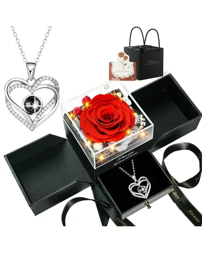 Lovery 5pc Preserved Red Rose With Led Lights Heart Necklace Gift Set In Black