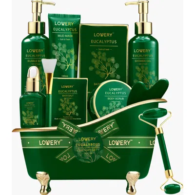 Lovery Luxury Holiday Basket Spa Kit, Eucalyptus Stress Relief Bath And Body Care In Dark Green