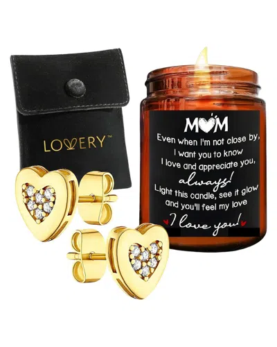 Lovery Mother's Day 14k Gold Plated Heart Earring With Pouch & Mom Love Candle In Brown