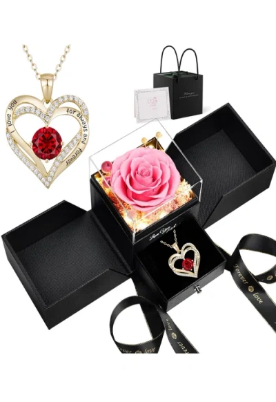 Lovery Preserved Pink Rose With Led Lights & 14k Gold Plated Double Heart Ruby Necklace