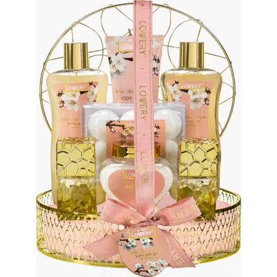 Lovery White Rose And Jasmine Bath And Body Gift Basket In Light Pink/gold