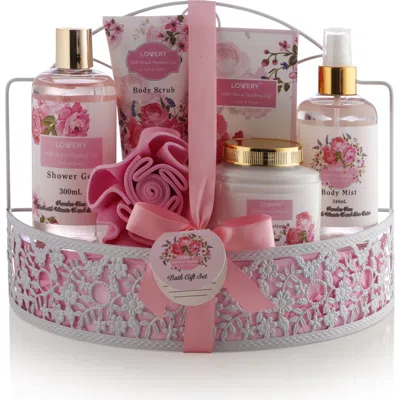 Lovery Wild Rose & Raspberry Leaf 7pc Home Spa Gift Basket In Pink Floral Design