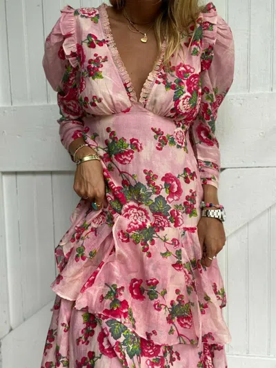 Pre-owned Loveshackfancy $575  Salima Dress Pink Desert Silk Floral Eyelet Embroidery 6 In Pink Green