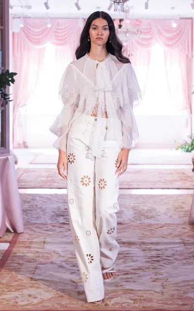 Loveshackfancy Afton Lace-trimmed Silk Chiffon Top In Ivory