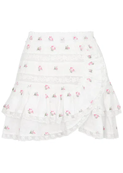 Loveshackfancy Agnessa Floral-embroidered Cotton Mini Skirt In White And Pink