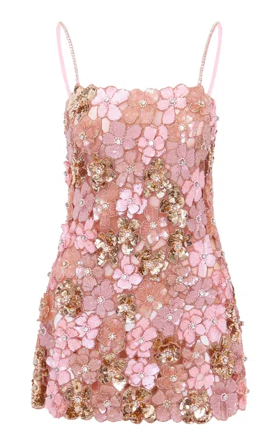 Loveshackfancy Aleria Floral-embellished Tulle Mini Dress In Rose Gold