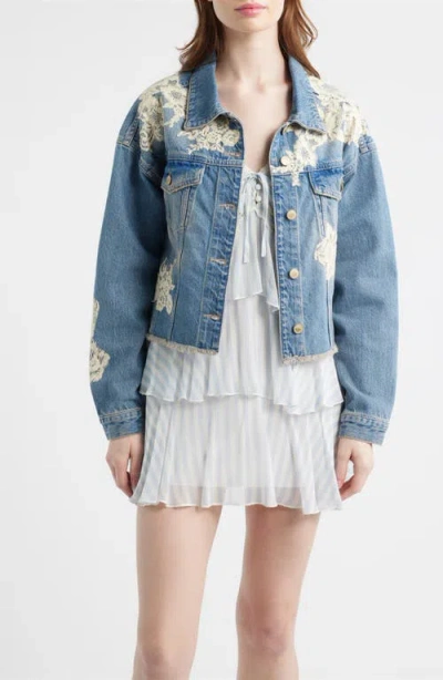 Loveshackfancy Amana Lace Patch Denim Jacket In Blue