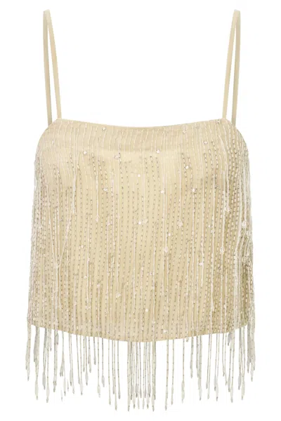 Loveshackfancy Ambrina Disco Beaded Fringe Crop Top In Neutral