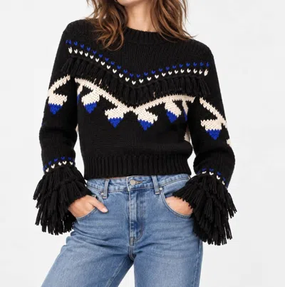 Loveshackfancy Atlas Cropped Fringe Sweater In Navy In Black