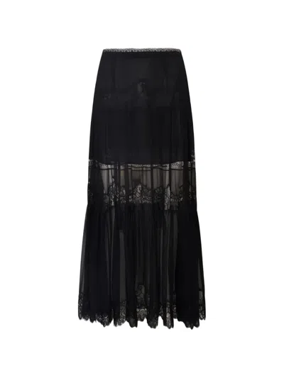 Loveshackfancy Aureline Lace-trimmed Tiered Skirt In Black