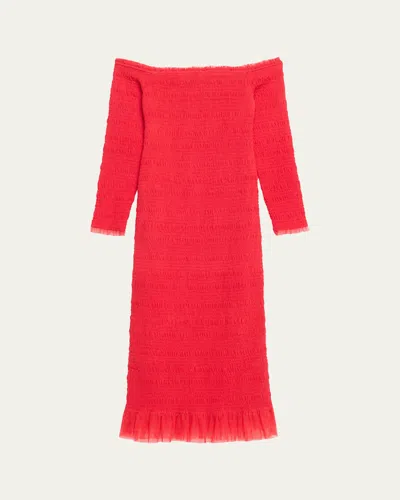Loveshackfancy Avelle Shirred Off-shoulder Tulle Dress In Red