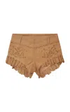 Loveshackfancy Azalure Ruffled Leather Mini Shorts In Brown
