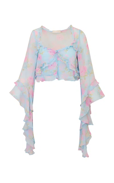 Loveshackfancy Azele Floral Chiffon Cropped Top In Blue
