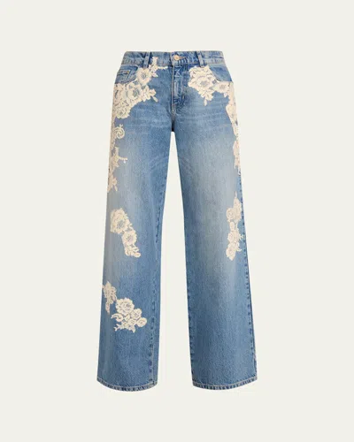 Loveshackfancy Bambie Lace Applique Jeans In Blue
