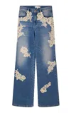 Loveshackfancy Bambie Lace-detailed Denim Wide-leg Jeans In Blue
