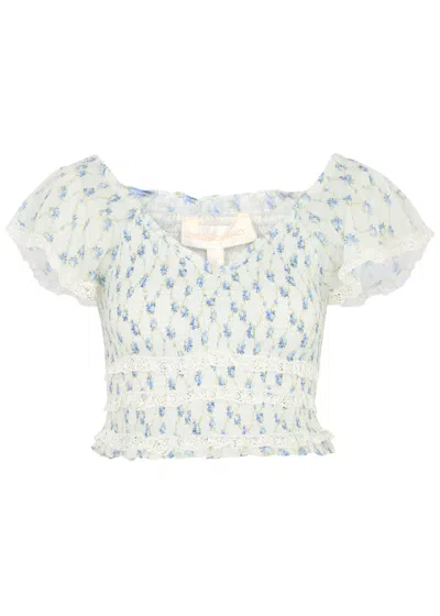 Loveshackfancy Beaming Floral-print Smocked Cotton Top In White And Blue