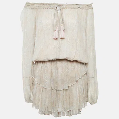 Pre-owned Loveshackfancy Beige Printed Lurex Silk Flounce Mini Dress L