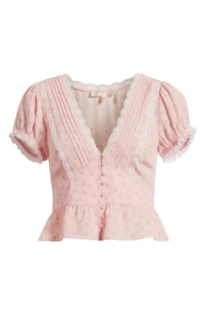 Loveshackfancy Bondy Ditsy Floral Lace Trim Button-up Peplum Top In Pink