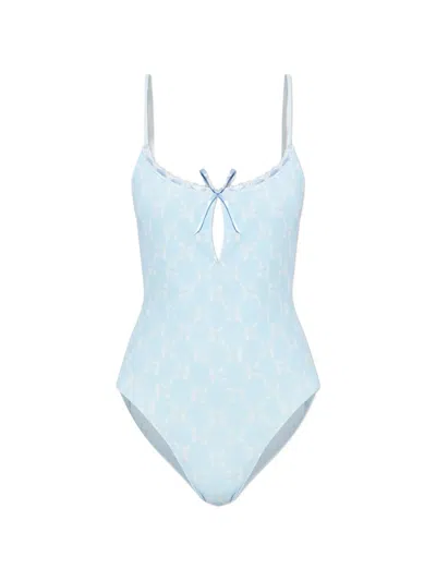 Loveshackfancy Bow-detail Lace-trim One-piece In Blue