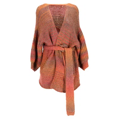 Pre-owned Loveshackfancy Brady Knitted Belted Cardigan In Multicolor Merino Wool In Brown