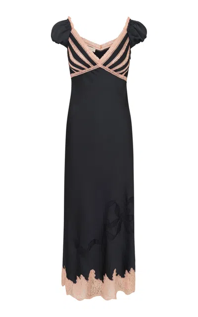 Loveshackfancy Brinkley Lace-trimmed Satin Maxi Hem In Black