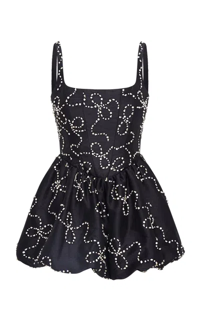 Loveshackfancy Brookhaven Crystal-embellished Satin Bubble Mini Dress In Black