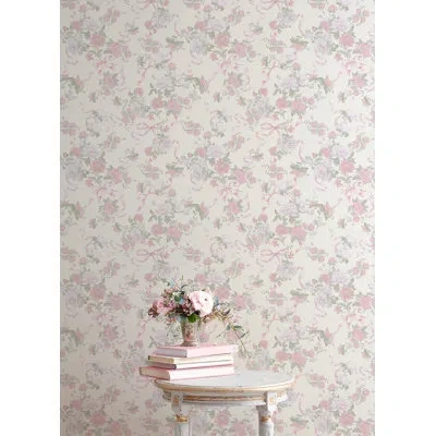 Loveshackfancy Cabbage Rose Bow Ribbons 33' L X 20.5" W Wallpaper Roll In Pink
