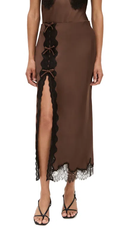 Loveshackfancy Calder Lace Trim Satin Midi Skirt In Brown