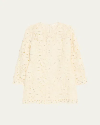 Loveshackfancy Caletta Floral Embroidered Lace Mini Dress In Neutral