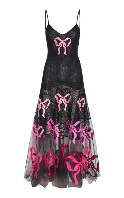 Loveshackfancy Carette Bow-embroidered Lace Midi Dress In Black