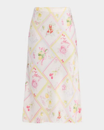 Loveshackfancy Castle Silky Fruit Print Midi Skirt