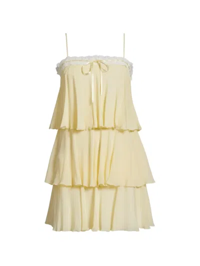 Loveshackfancy Cedra Lace-trimmed Tiered Mini Dress In Yellow