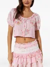 Loveshackfancy Checked-pattern Flower-embellishment Blouse In Pink