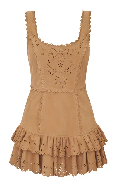 Loveshackfancy Chrysanthe Ruffled Leather Mini Dress In Brown