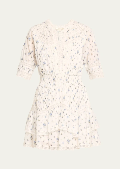 Loveshackfancy Clovis Floral Cotton Tiered Lace Mini Dress In Bluebird Dream